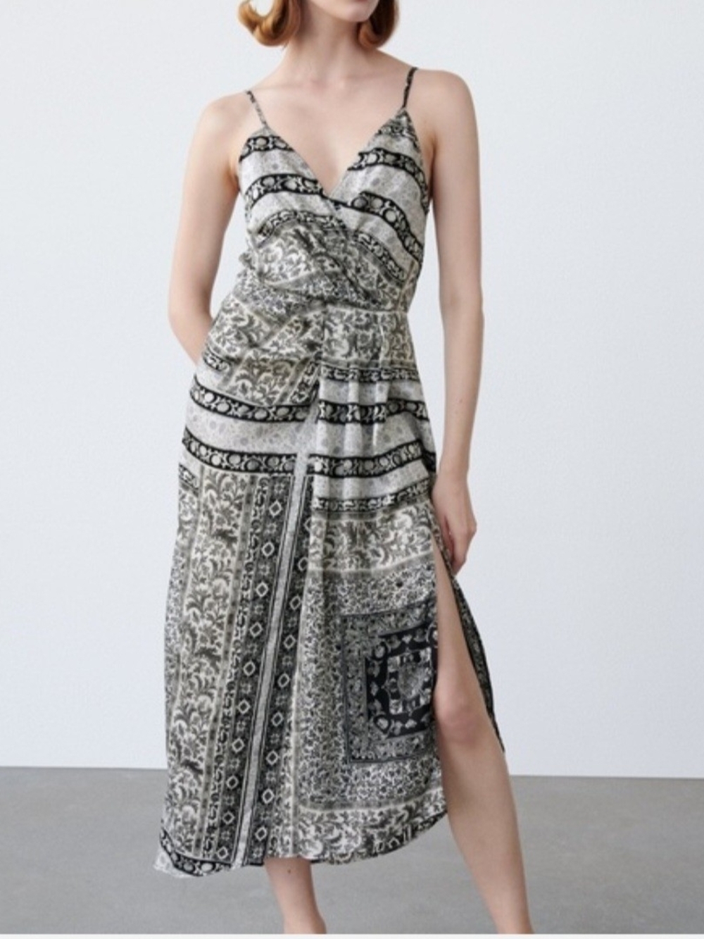 Zara Black & White Scarf Print Asymmetrical Midi Wrap Dress - Size XS